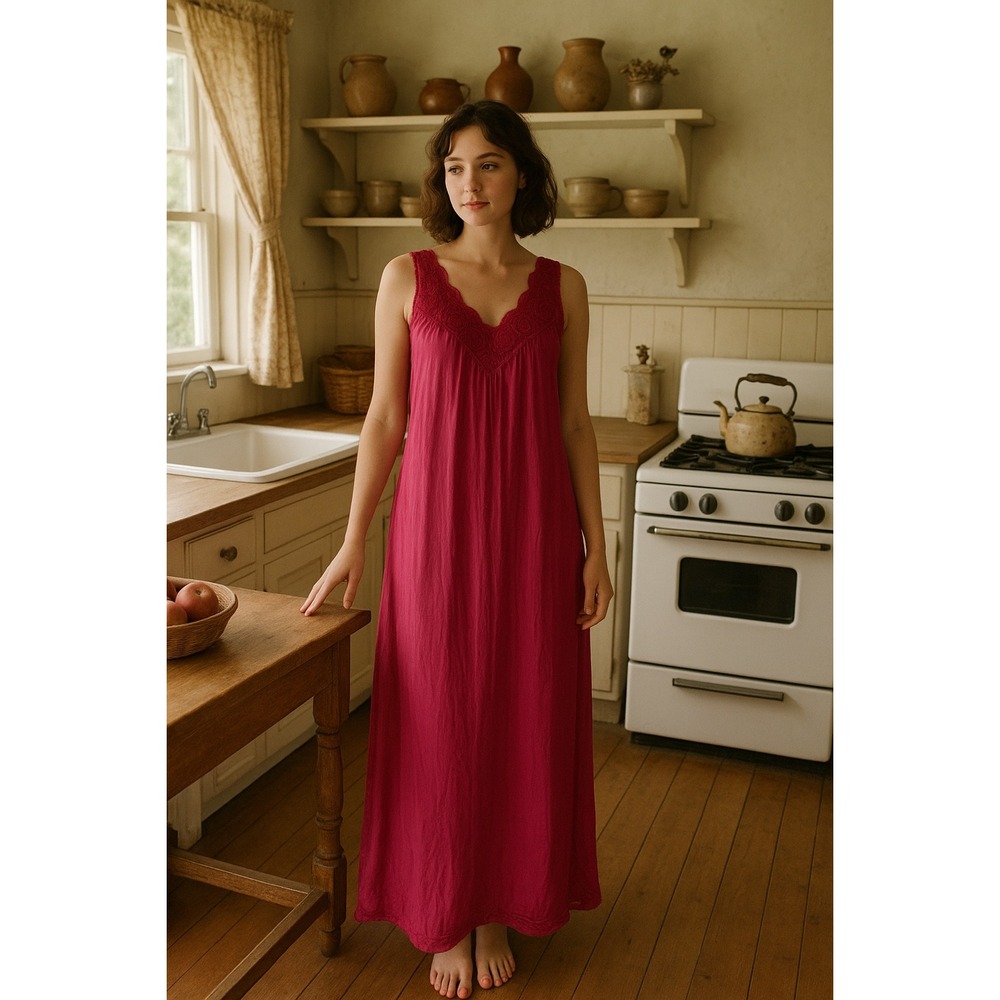 Vintage S Pink Lace‎ Trim Nightgown Maxi Women's Sleepwear Cottage Core Feminine